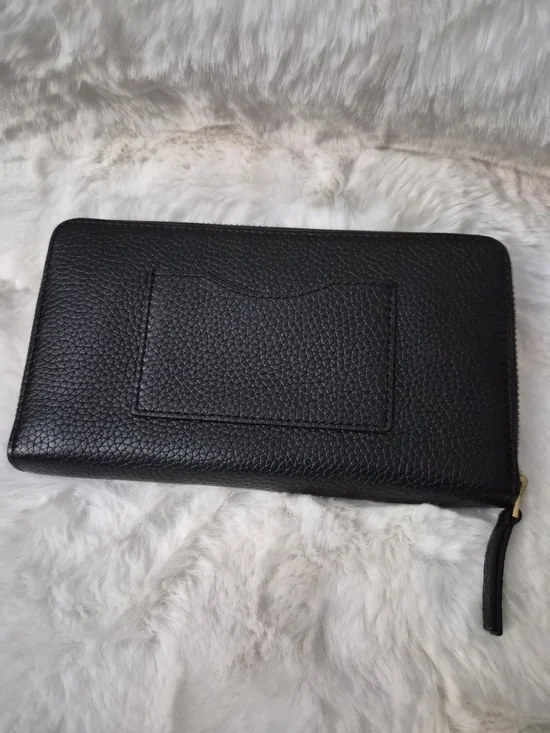 Tory Burch Black Pebbled Leather Zip Wallet with Gold Logo - Picture 2 of 9